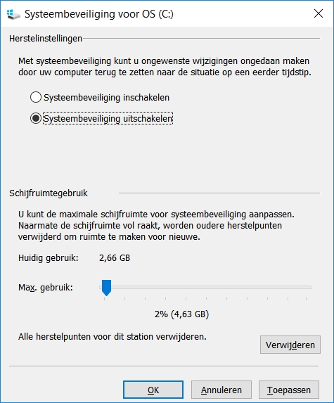 Systeemherstel uitschakelen.